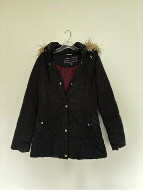 Tommy Hilfiger Black Puffer Coat Faux Fur Hood Small